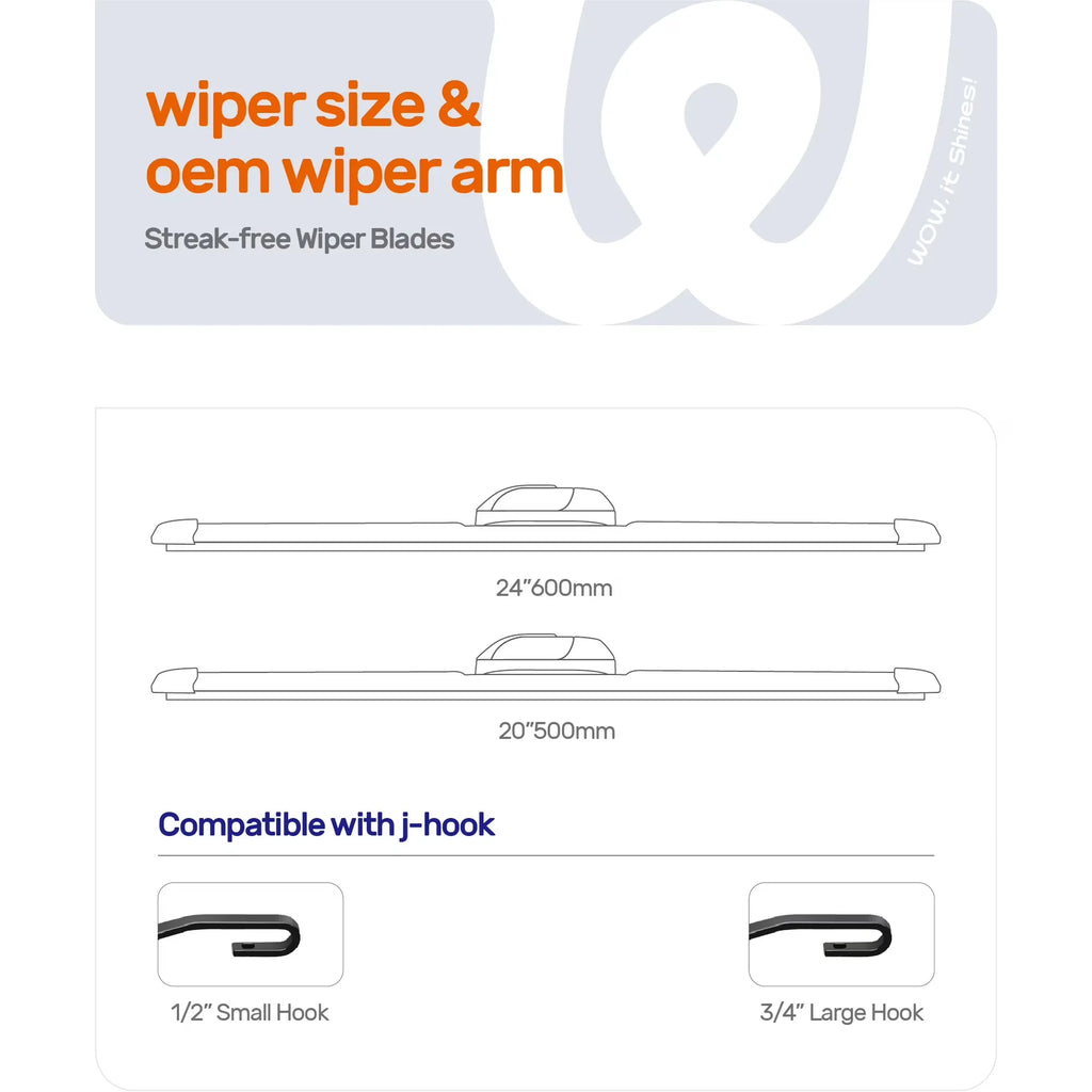 Toyota Camry 2007-2012 24"+20" Silicone Wiper Blades, WOWIPER Water-Repellent Beam Windshield Wipers, J-Hook Only, Quiet All-Season Front Replacement, 2 Pack